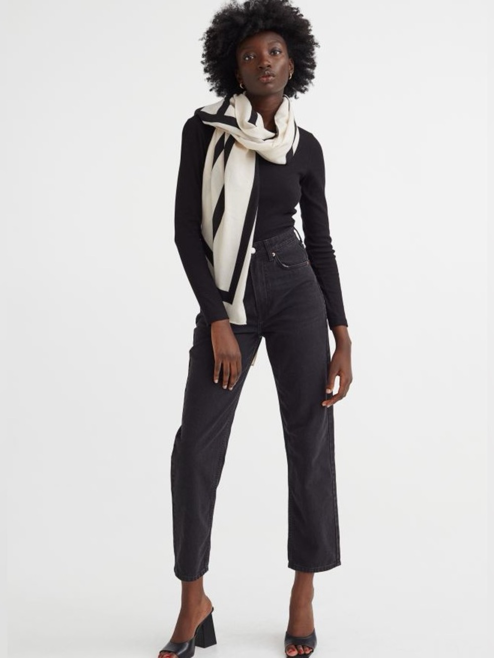 H&M Cream Scarf with Black Geometric Border
